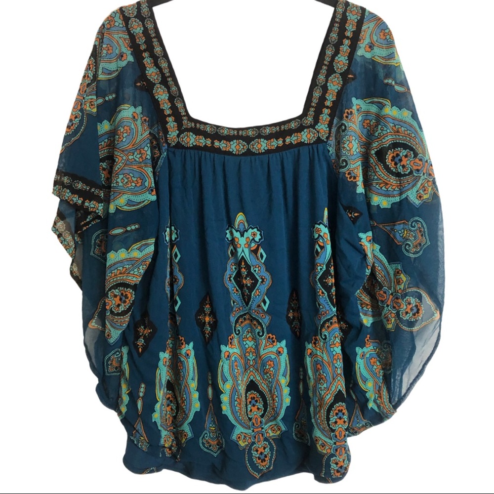 INC Blue Paisley Batwing Blouse Top, size XL